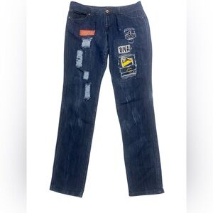 Dereon Y2K Woman’s Dark Blue Boot Cut Jeans with Patchwork Accents SZ 13/14